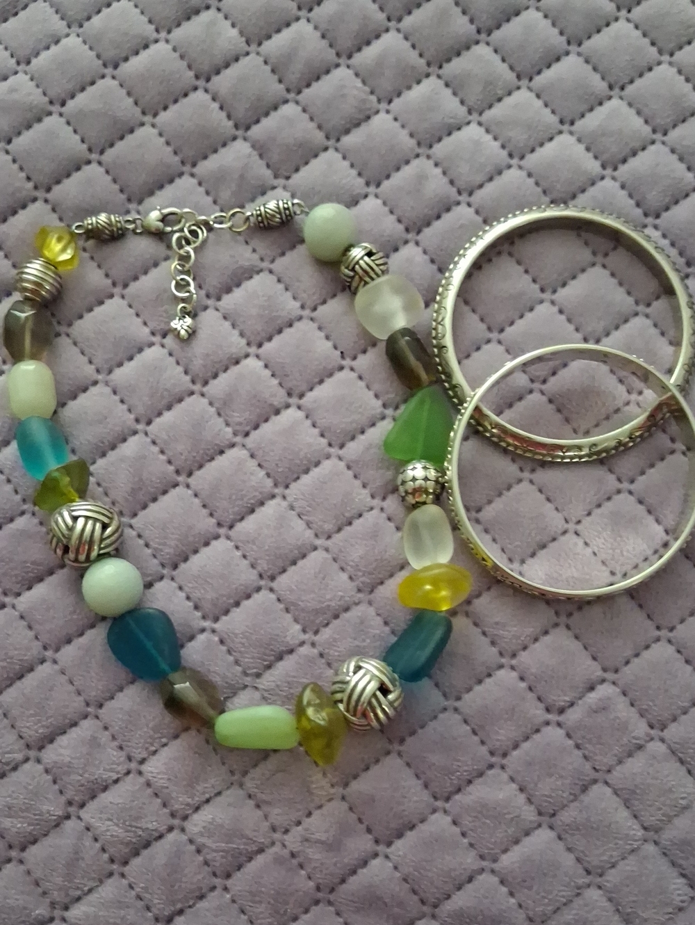Multicolor Beaded Necklace with Silver Accents - Blue, Green & Yellow